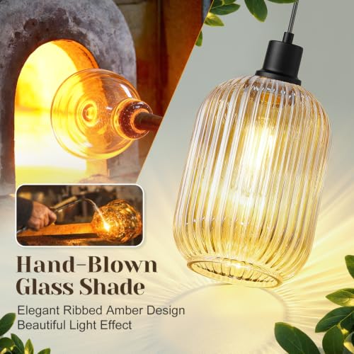 2 Pack Pendant Lights with Vintage Amber Ribbed Glass Lampshade (2 Count)