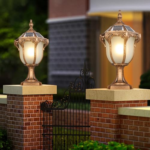 Outdoor Post Caps Light With Solar Powered 17.71" Solar LED Column Caps Lamps Rustic Bronze Fence Pillar Lamps IP65 Waterproof Deck Post Bollard Lighting Lawn Landscape Lawn Garage Yard Path Lamps