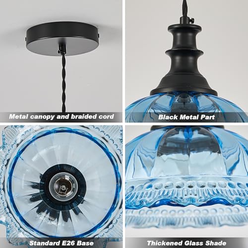 Glass Pendant Lights Modern Pendant Lighting Fixtures Hanging Lamp for Kitchen Island Bedroom Dining Room Coffee Shop Hallway Blue and Black 2 Pack (2 Count)