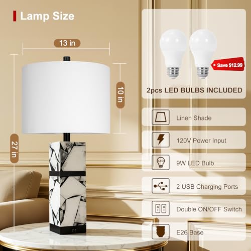 27" Alabaster Table Lamp Set of 2 with Night Light for Living Room (2 Count)