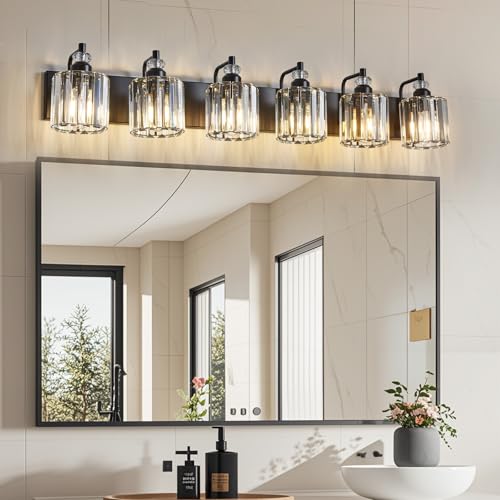 6 Light Black Bathroom Light Fixtures Over Mirror Modern Vanity Lights Crystal Wall Sconce Vintage Bathroom Lighting with Crystal Shade E26 Base for Bedroom