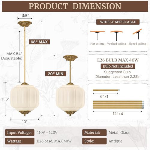 Vintage Gold Pendant Light Fixture Milk Glass Semi Flush Ceiling Light