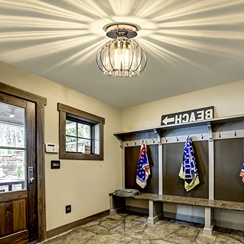 Modern Semi Flush Mount Ceiling Light Fixture E26 Mini Crystal Chandelier Chrome Small Ceiling Lamp for Entryway Bedroom Bathroom Hallway Closet Foyer （Silver