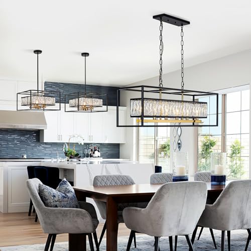 Modern Black and Gold Rectangle Crystal Chandeliers for Dining Room
