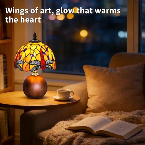 12.2" Retro Dragonfly Tiffany Small Table Lamp with Wood Base