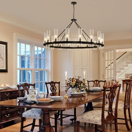 48 Inch Black Wagon Wheel Chandelier with Glass Shade