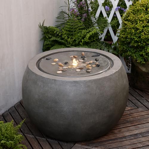 Garden Water Fountain Outdoor Large Round Bubbler Water Feature Indoor with Lights & Pump and Pebbles Concrete Effect for Patio Pool Pond Yard Home Decor Gray