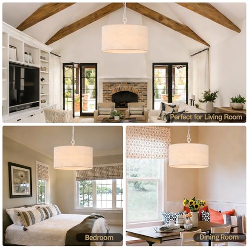 3 Light Plug in Pendant Light with Linen Drum Shade