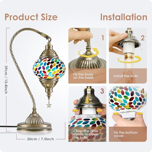 Turkish Moroccan Lamp with Bronze Base 3 Color Options Handmade Swan Neck Mosaic Glass Bedside Lamps for Bedroom