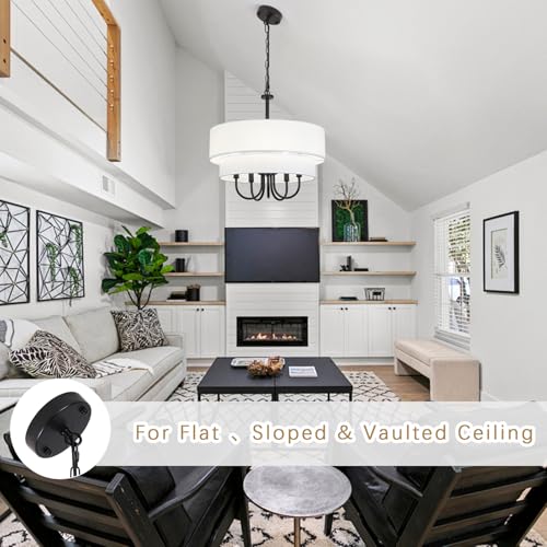 Black Drum Chandelier with White Fabric Shades 18" Farmhouse Chandelier