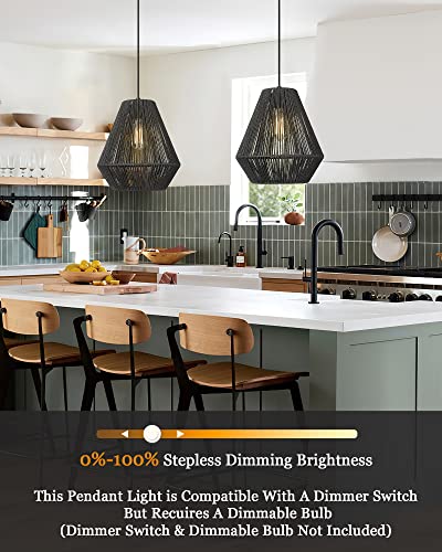Modern Woven Pendant Light Fixtures 11.8" Farmhouse Coastal Hanging Lamp Matte Black Handwoven Rattan Basket Shade Boho Pendant Light for Kitchen Island Dining Room Bar Bedroom Foyer Hallway