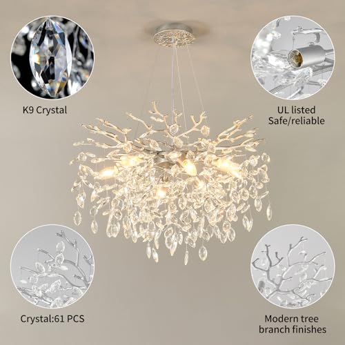 24 Inch Modern Tree Branch Chandelier Silver Crystal Pendant Lighting