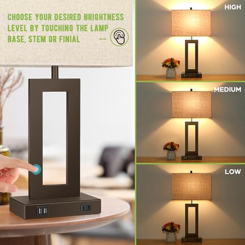 22" Brown Modern Table Lamp Set of 2 with 2 USB Ports&AC Outlet (2 Count)