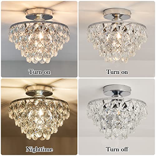 Modern E26 Small Crystal Chandelier Semi Flush Mount Ceiling Light Fixture Silver Ceiling Lamp for Hallway Bedroom Bathroom Closet Bedroom Foyer （Chrome）