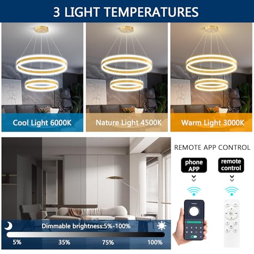 D15.7''+23.6'' Modern Ring Chandelier for Dining Room LED Dimmable Pendant Lighting for Living Room Foyer Bedroom Entryway 3000K