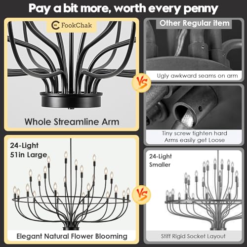 24 Light Black Chandelier 51'' Large Candle Chandeliers for High Ceiling Foyer Modern Farmhouse Chandelier Light Fixture for Large Living Room Dining Room Stairs Entry Restaurant Hotel