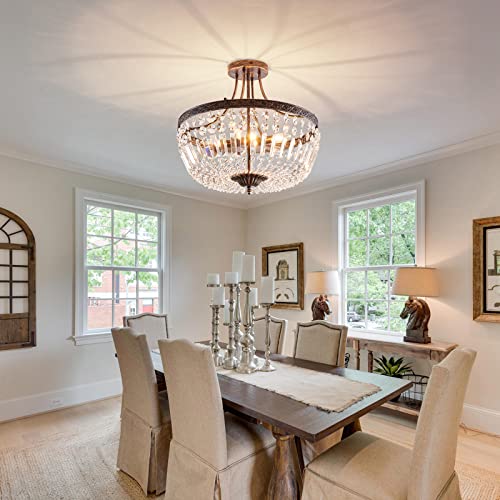 5 Light Retor Crystal Ceiling Light Fixture Oil Rubbed Bronze Semi Flush Mount Chandelier Ceiling Lamp for Living Room Dining Room Entryway Hallway Foyer Bedroom Laundry Bathroom