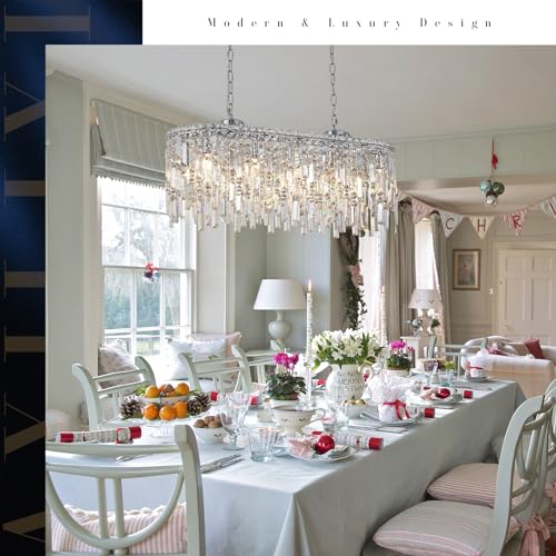 Rectangular Crystal Chandelier for Dining Room Modern Chrome Chandelier Linear Rectangle Pendant Light Fixtures for Kitchen Island L33” K9 Luxury Long Chandelier for Living Room