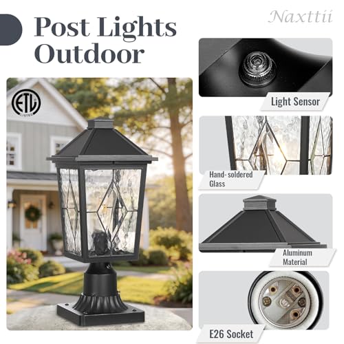 Dusk to Dawn Lamp Posts Outdoor Lighting Waterproof Outdoor Post Lights Hard Wired with Hand‑soldered Glass 14 Inch Height Black Pole Light for Garden Yard Patio Pathway E26 Socket