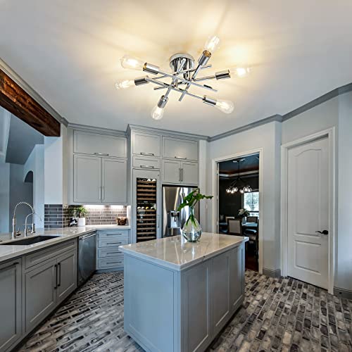 6 Lights Semi Flush Mount Ceiling Light Fixture Modern Chrome Matte Sputnik Chandelier Farmhouse Ceiling Lighting for Kitchen Bedroom Dining Room Living Room