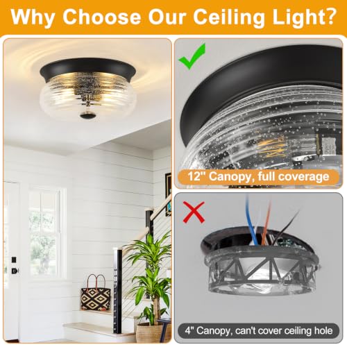Black Flush Mount Ceiling Light Fixtures (Matte Black + Clear Air Bubble Glass(No Assembly Required))