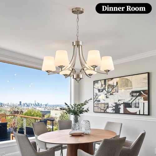 6 Light Brushed Nickel Chandeliers for Dining Room with Frosted Glass Farmhouse Silver Ceiling Hanging Lighting Fixtures Classic Pendant Lamp for Living Room