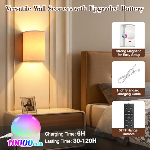 Battery Operated Rechargeable Wall Sconce Set of Two with 10000mAh Battery (2 Count)