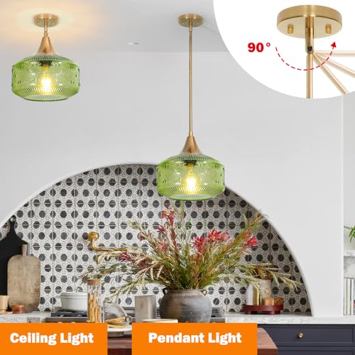 Gold Pendant Light over Kitchen Green Glass Hanging Light for Bathroom