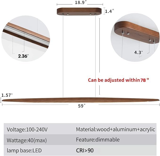 Wood Linear Pendant Hanging Light Fixture Minimalist Light Linear Chandelier Wood Kitchen Island Lighting 40w Dimmable for Dining Room Dining Table Living Room Pool Table Walnut Color - Aura Lighting