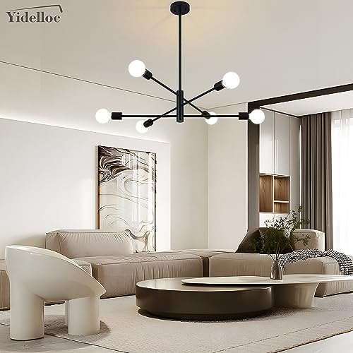 6 Lights Black Sputnik Chandeliers Modern Light Fixtures, Mid Century Chandelier Adjustable Length Pendant Light for Dining Room, Bedroom, Living Room, Kitchen, Farmhouse