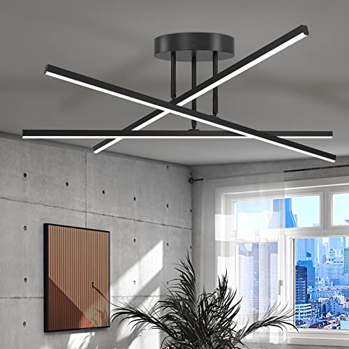 Modern LED Chandelier 24W Dimmable Black Semi Flush Mount Ceiling Light Fixture for Kitchen Dining Room Foyer Entry