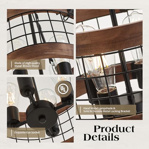 4 Light Farmhouse Drum Wood Pendant Light
