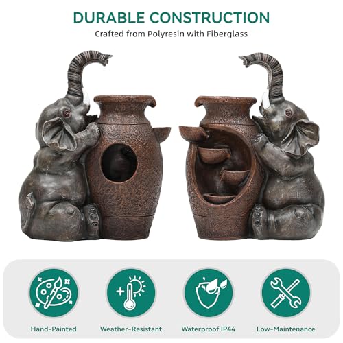 AUTODAYA 19" H Elephant Statue Outdoor Water Fountain with Warm LED Lights