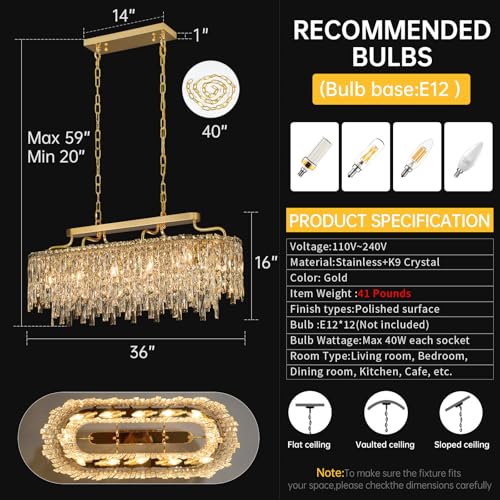 12 Light Gold Crystal Chandeliers for Dining Room Light Fixture 36"