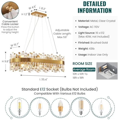 Modern Rectangular Gold Crystal Dining Chandelier Dimmable