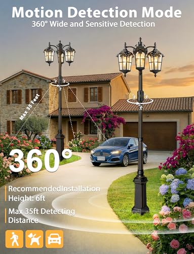 3 Head Motion Sensor Outdoor Post Lights Dusk to Dawn Pole Lights