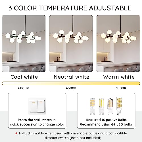 Modern Linear Chandeliers Black 16 Lights Pendant Light Fixtures Bubble Glass Chandelier Mid Century Sputnik Chandelier for Kitchen Island Dining Room