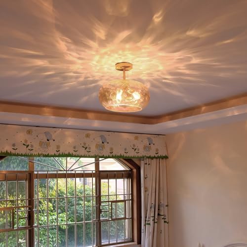 Brass Gold Semi Flush Mount Ceiling Fixture Large Hammered Glass Shade Modern Close to Ceiling Light 14" Art Lampshade for Hallway Foyer Bedroom