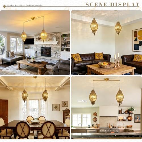 2 Light Linear Pendant Retro Metal Hanging Chandelier Brushed Brass