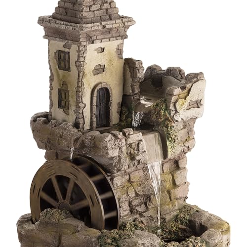 USA1164 Outdoor Floor Tiered Fairy Castle Waterwheel Water Fountain with Realistic Stone Look