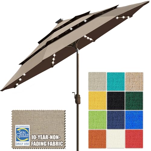 USA 10-Year-Non-Fading 9ft 3-Tier Market Patio Umbrella, Commercial Table Umbrella with 80 Solar LED Lights, Crank Open, Windproof & UPF 50+ UV Protection for Garden, Deck, Pool, Backyard, Mushroom