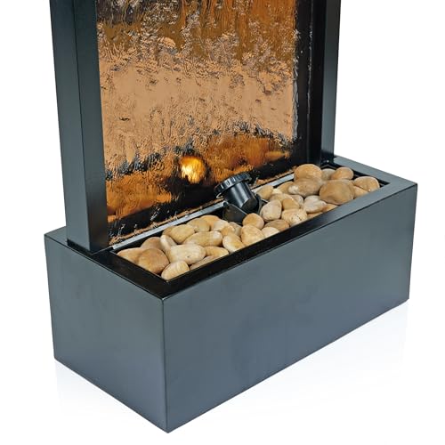 48" Tall Indoor Modern Wall Mounted Zen Mirror Waterfall Floor Fountain with Stones and LED Lights Decor for Office