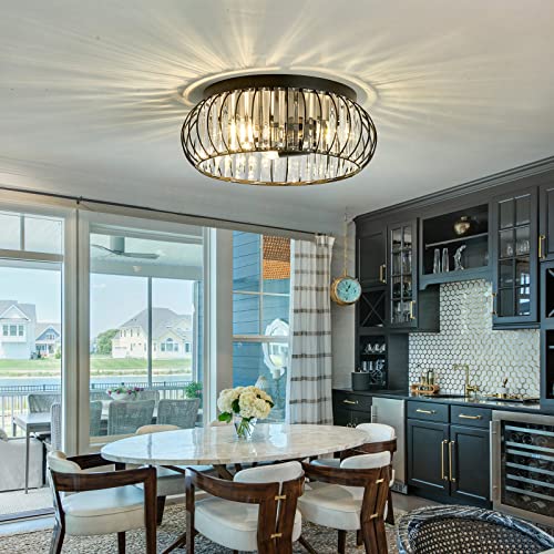3 Light Flush Mount Ceiling Light Fixtures Modern Crystal Chandelier Black E26 Indoor Lighting for Hallway Bedroom Bathroom Foyer Living Room Dining Room Kitchen