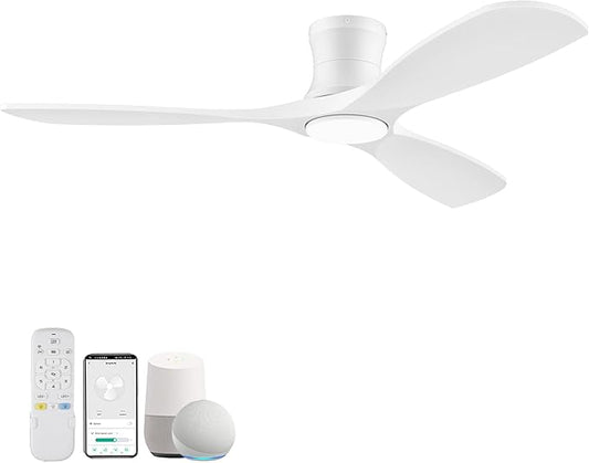 52” Wood Smart Flush Mount Ceiling Fans with Lights and Remote,Quiet DC Motor,Outdoor Indoor Ultra Low Profile Ceiling Fan works with Alexa WIFI APP,Modern White Ceiling Fan for Bedroom Patio - Aura Lighting
