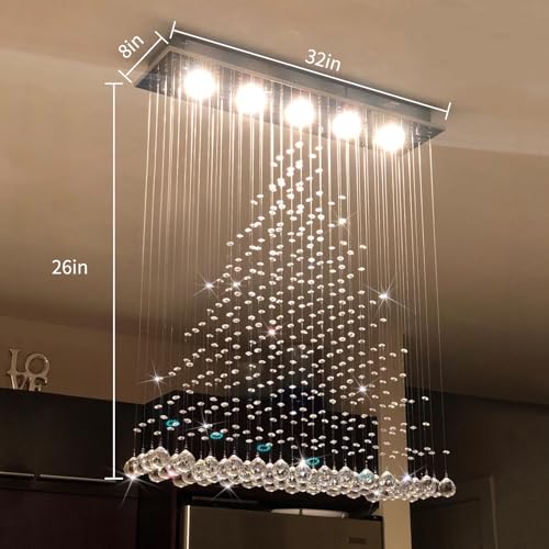 Contemporary Modern Crystal Chandelier Flush Mount Chandelier Rain Drop Lighting Led Ceiling Bathroom Fixtures Pendant Lamp for Living Dining Room Foyer Bedroom Hallway L32 X W8 X H26