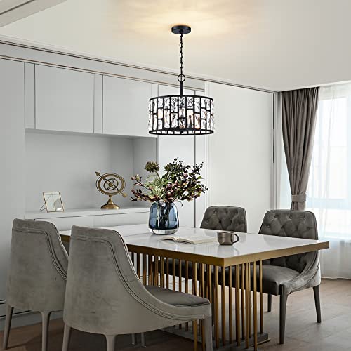 Farmhouse Crystal Convertible Chandelier and Semi Flush Mount Lighting Black Cylinder Drum Shade Pendant for Kitchen Island Dining Room Bedroom Hallway