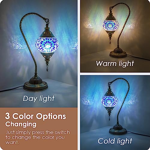 Turkish Moroccan Lamp with Bronze Base 3 Color Options Handmade Swan Neck Mosaic Glass Bedside Lamps for Bedroom