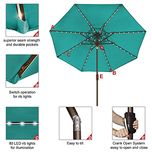 USA 10-Year-Non-Fading 9ft Market Patio Umbrella, Commercial Grade Table Sun Umbrella with 80 Solar LED Lights, Crank Open, Windproof & UPF 50+ UV Protection for Garden, Deck, Pool, Backyard, Teal