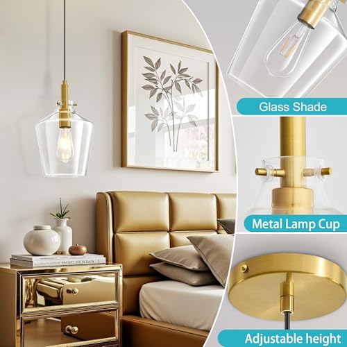 Glass Pendant Lighting for Kitchen Island Entryway 2 Pack Gold Clear 8 Inch (2 Count)