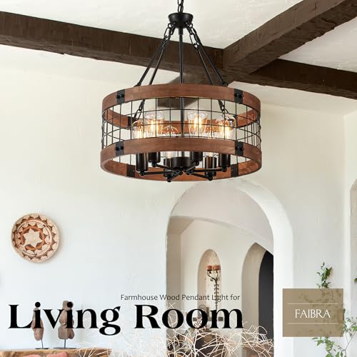 6 Light Farmhouse Drum Wood Pendant Light (6 Count)